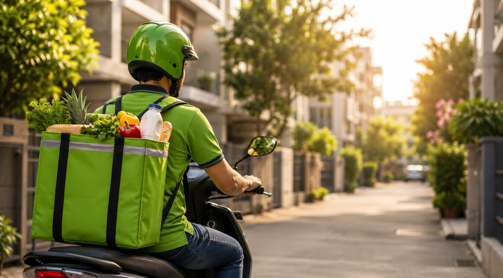 A Zaago delivery partner handing a bag of fresh groceries to a customer at her doorstep
