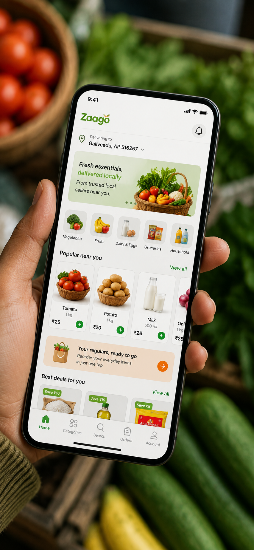 The Zaago app open on a phone, showing grocery categories